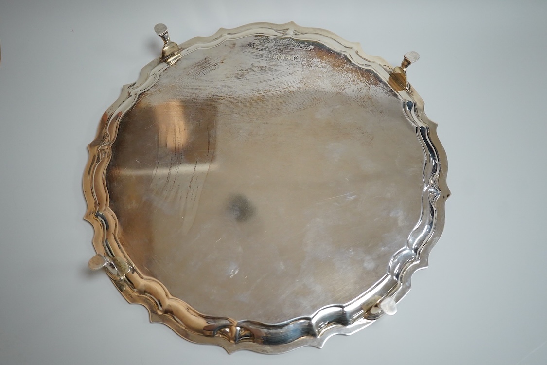 A George V silver salver, with engraved presentation inscription, Barker Brothers, Chester, 1911, 26cm, 17.5oz.